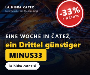 Anzeige: eine Woche in Čatež, ein Drittel günstiger mit dem Code MINUS33. Öffnet la-hiska-catez.si.